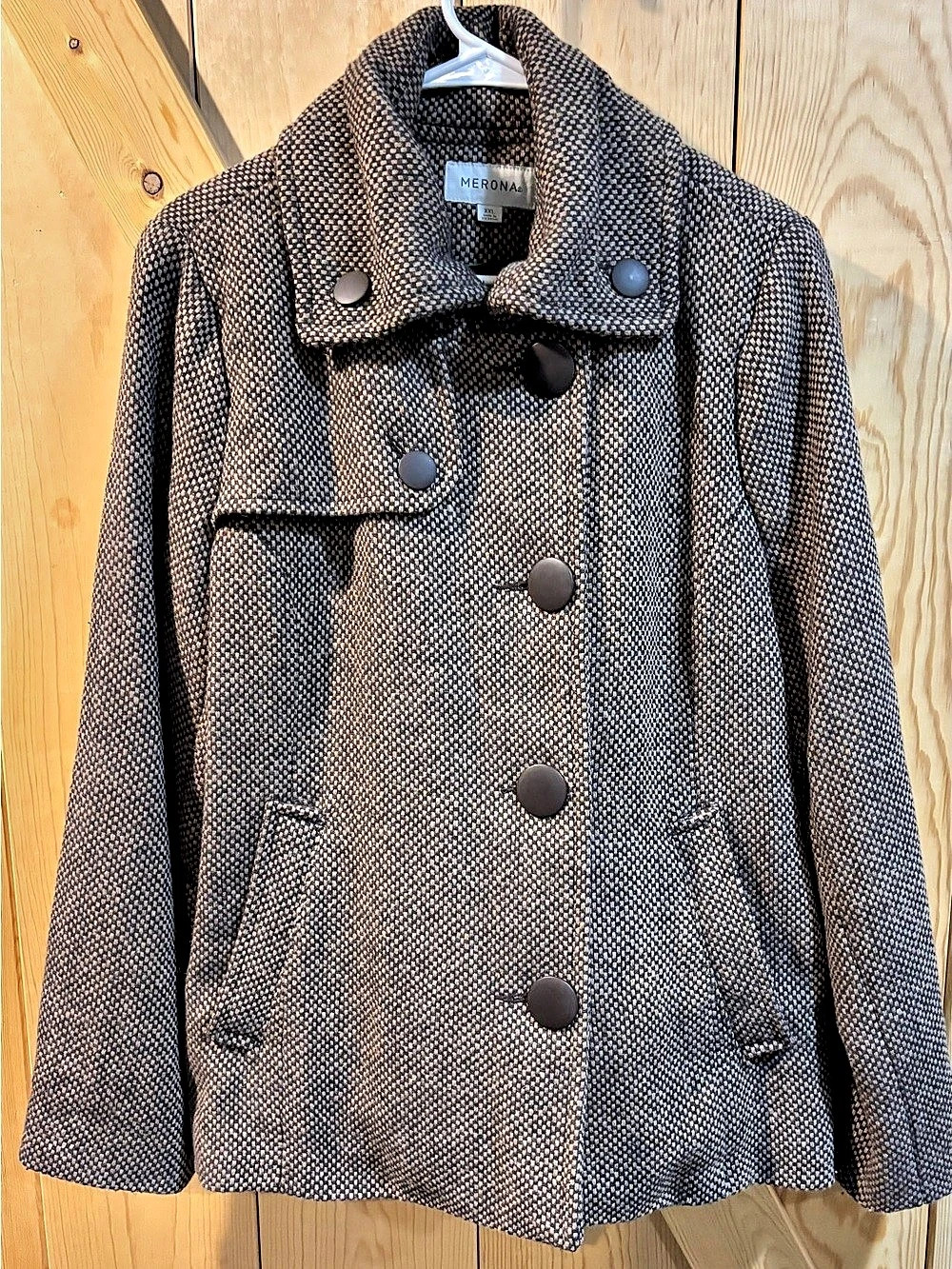 Merona Houndstooth Pea Coat in brown / tan XXL Like New